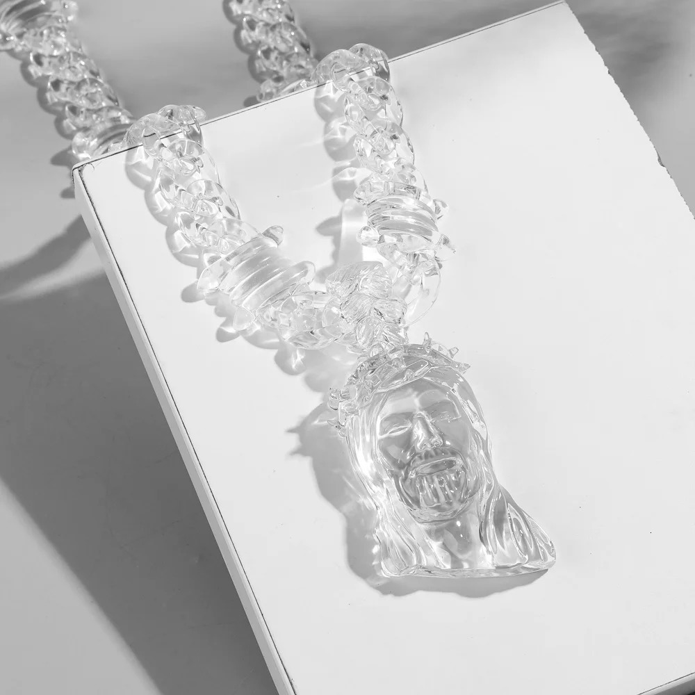 Hiphop Big Clear Acrylic Jesus Piece Pendant Necklace for Women Men Statement Spike Chain Necklace Rock Party Jewelry Gifts 251230