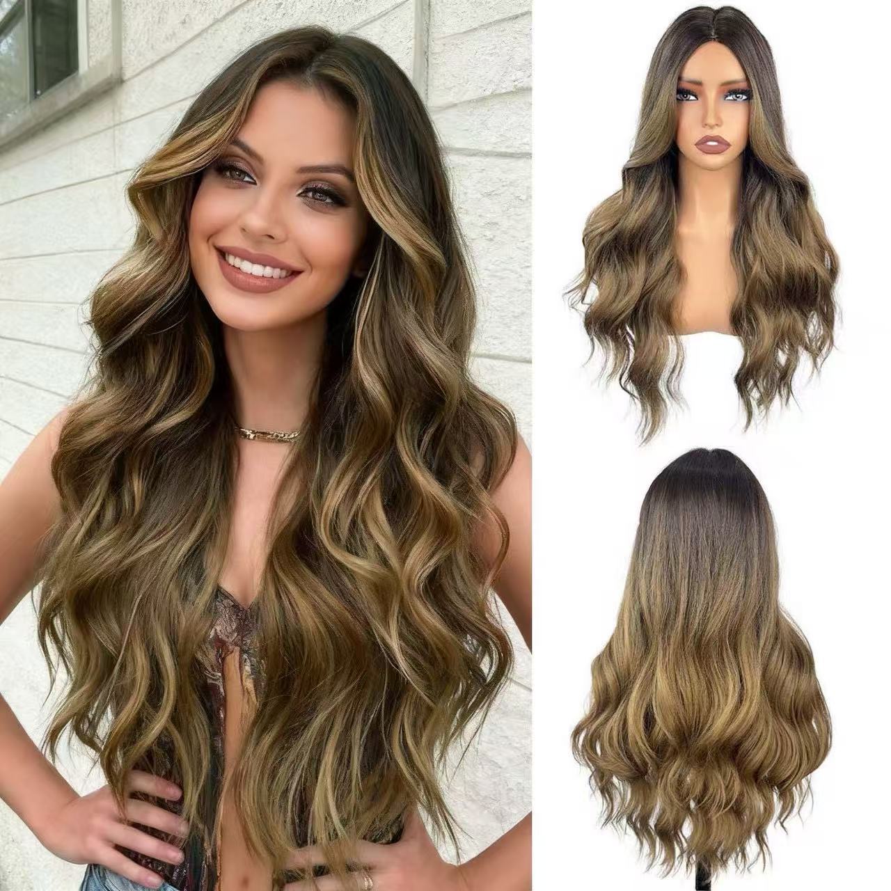 European American Cross Border E commerce Brown Straight Bangs Wavy Curls Matte Synthetic Fiber Wig High Temperature Resistant Silk Wig Ready to Wear 