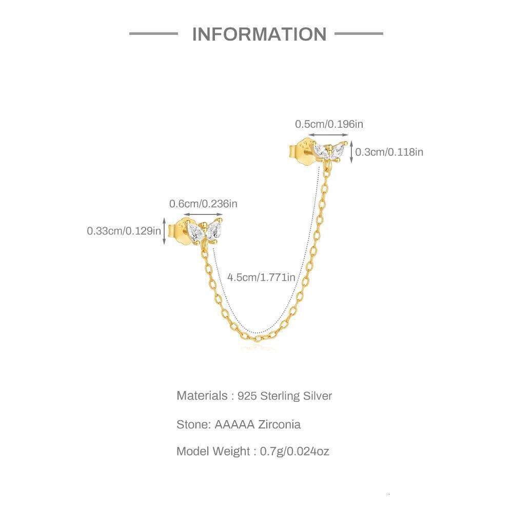 Aide 925 Sterling Silver Double Chain Earrings Women Shiny Mini Zircon Single 1PC Ear Studs Fine Gifts Wedding Jewelry