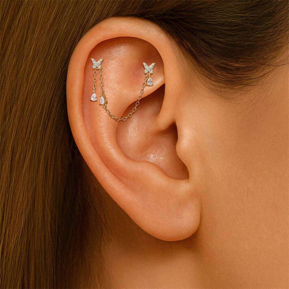 Aide 1PC Zircon Threaded Puncture Ear Bone Nail 925 Sterling Silver Tassel Geometric Flat Back Piercing Earring Simple Navel