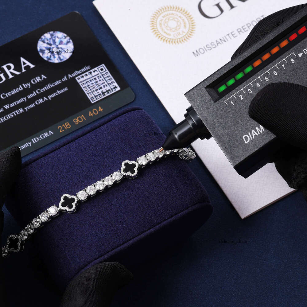 Hot Sale Design Black Clover Chain Luxury VVS D Moissanite 925 Sterling Silver Tennis Bracelet 4mm Hip Hop Jewelry