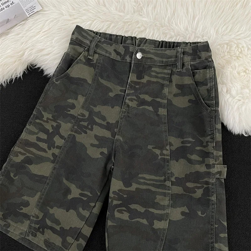 Washed Camouflage Deconstructed Workwear Denim Shorts Loose Straight Cut Vintage Summer Mens Casual Shorts 251230