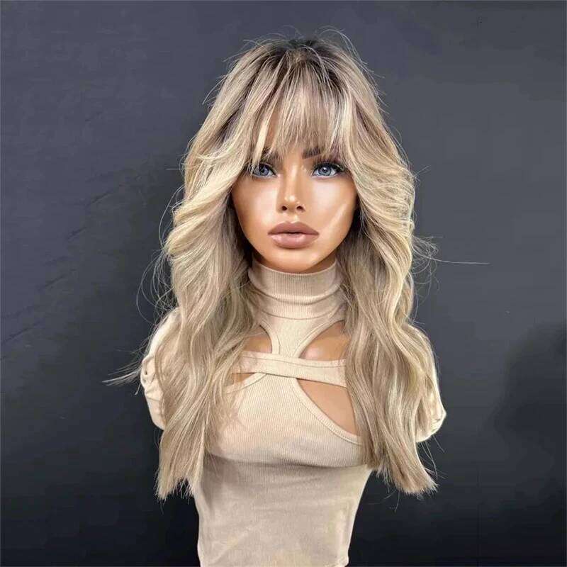 Lace Part for Women Ombre Ash Honey Blonde Colored Glueless Wigs with Bangs WEar and go 100% Natural Woman"s Wig Synthetic