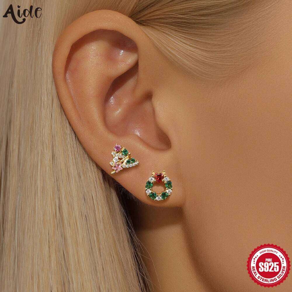 Aide 1PC 925 Sterling Silver Zircon Piercing Earrings for Women Exquisite Colors Christmas Tree Bell Rings Ear Studs Jewelry