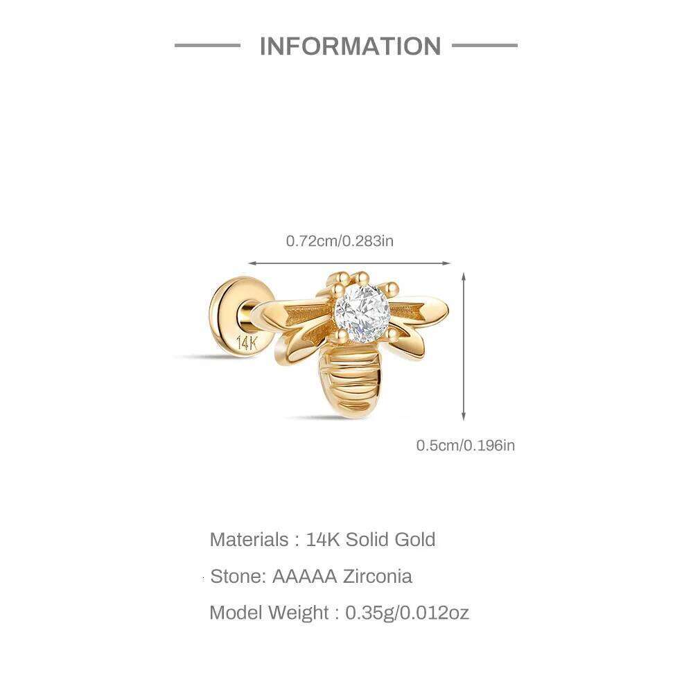 Aide 14k Solid Gold Eye Snake Zircon Heart Flat Stud Earrings Student Birthday New Year Party Gift Pendientes Fine Jewelry 1pc