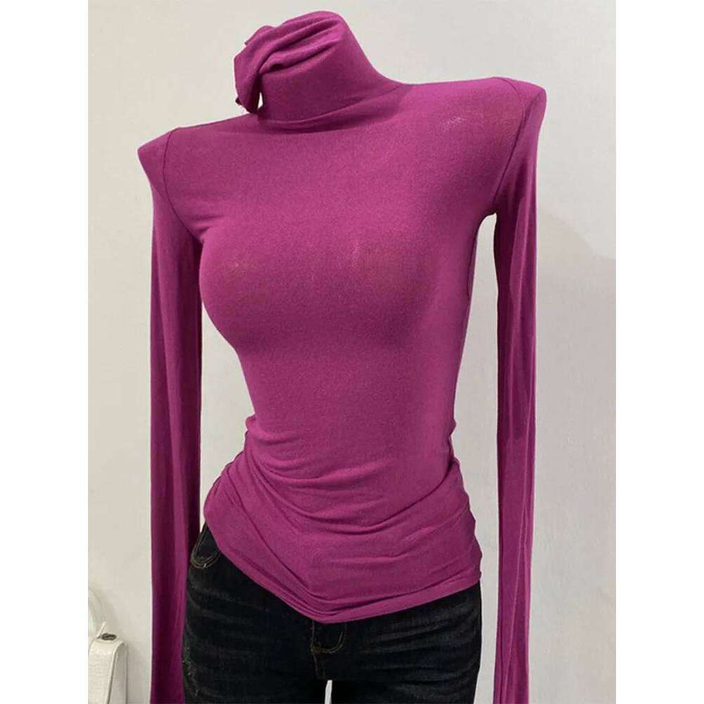 Thin Soft American Long Sleeve T-shirt High Stacked Neck Tight Perspective Bottom Shirt Women's Slim Fit Tops Sexy Streetwear