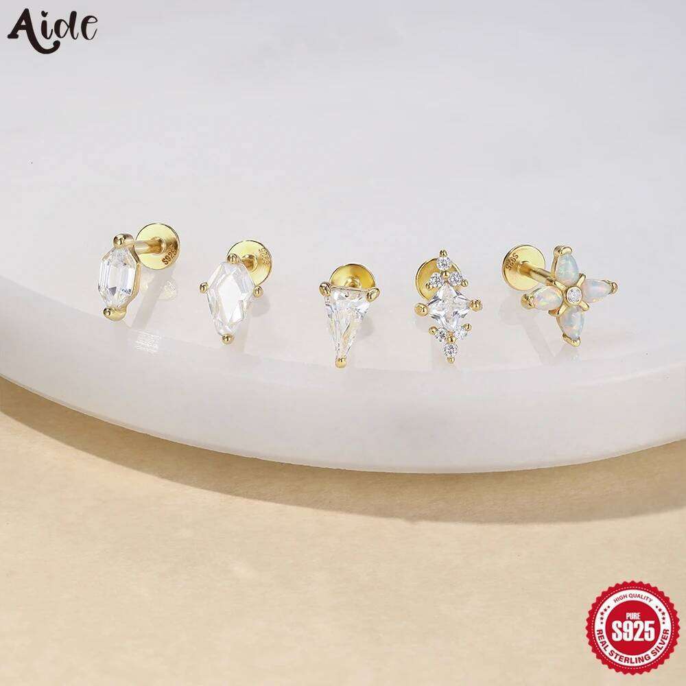Aide 1PC 925 Sterling Silver Clean Zircon Crown Tassel Puncture Thread Flat Earring For Women Ins Cartilage Ear Studs Jewelry
