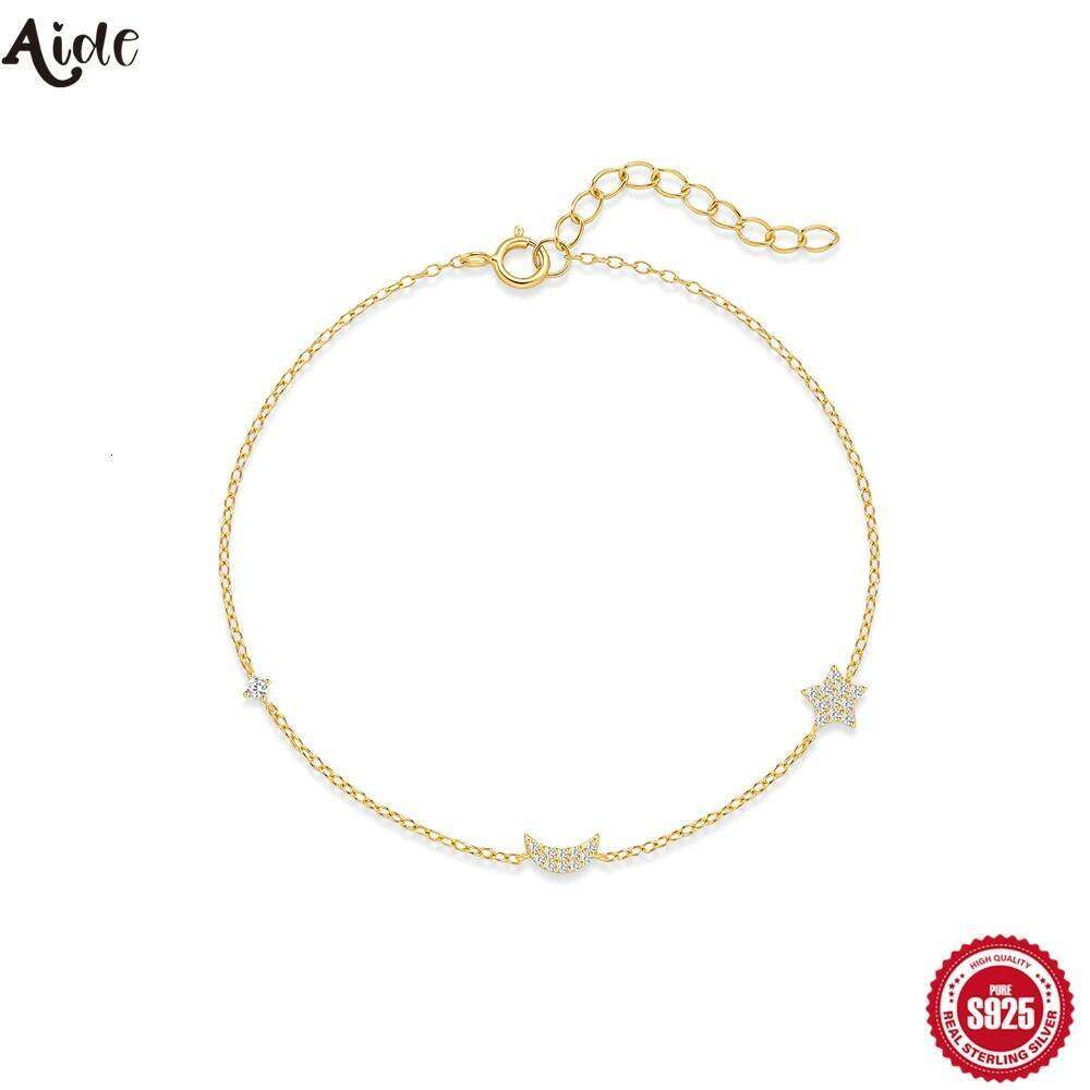 Aide 925 Sterling Silver Star Moon Pendant Girl Trendy Elegant Shiny Zirconia Adjustable Chain Bracelet Women Jewelry