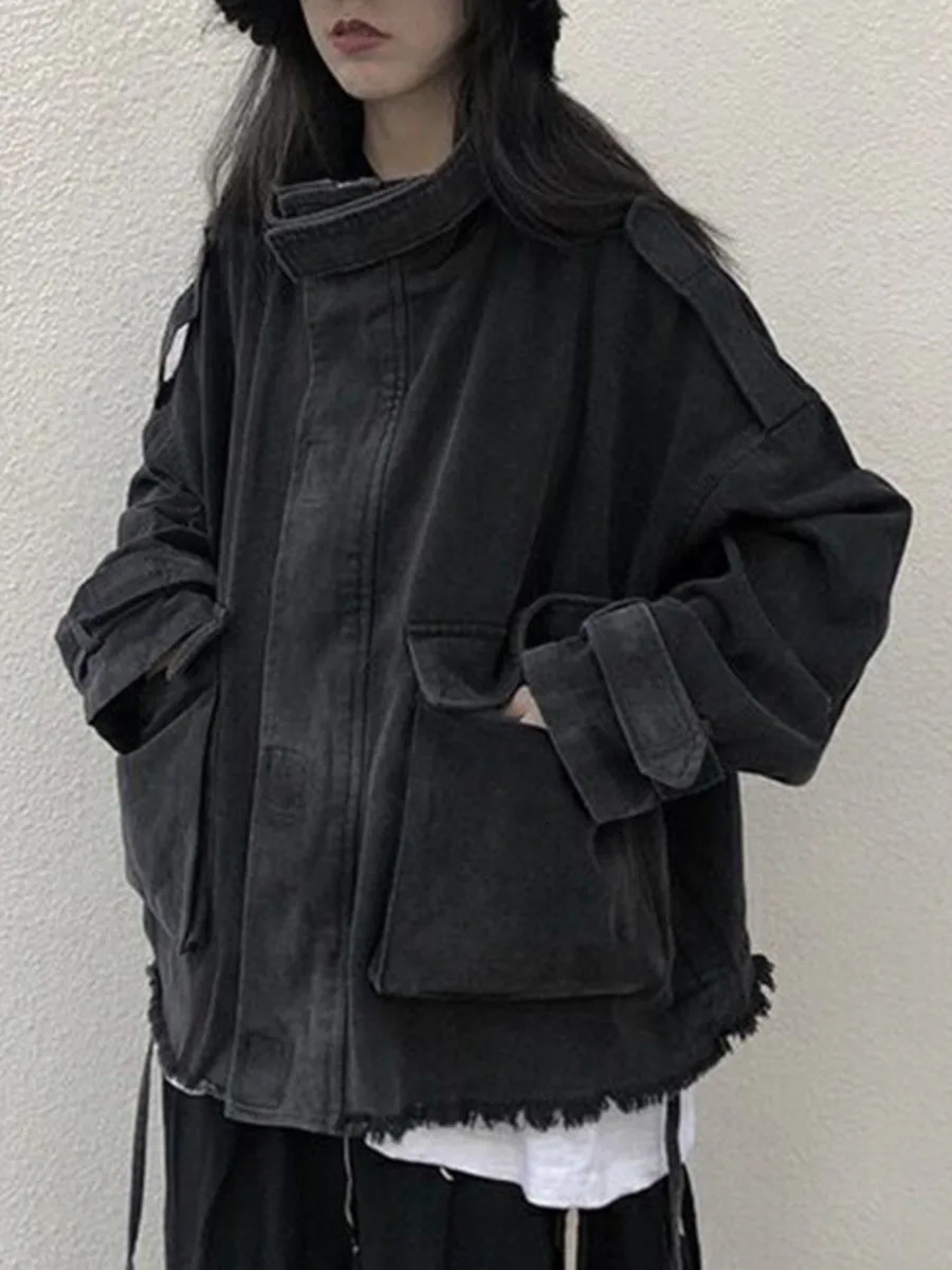 Women Tassel Jeans Jacket Cargo Fashion Big Pocket Loose Denim Coats Autumn Female All Match Streetwear Outerwear 251229