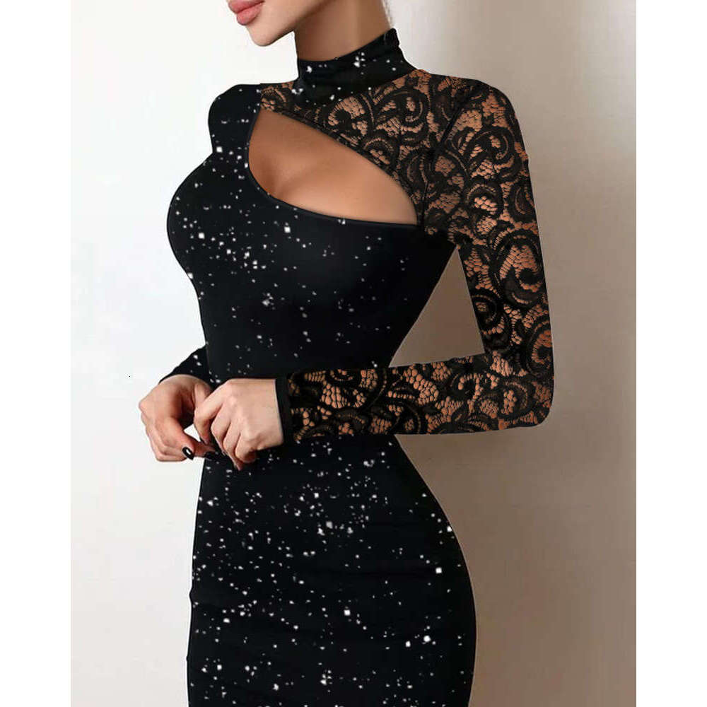 2026 Lace Hollow Out Fashion Shiny Highlight Knitted Fabric Slim Fit Bodycon Dress