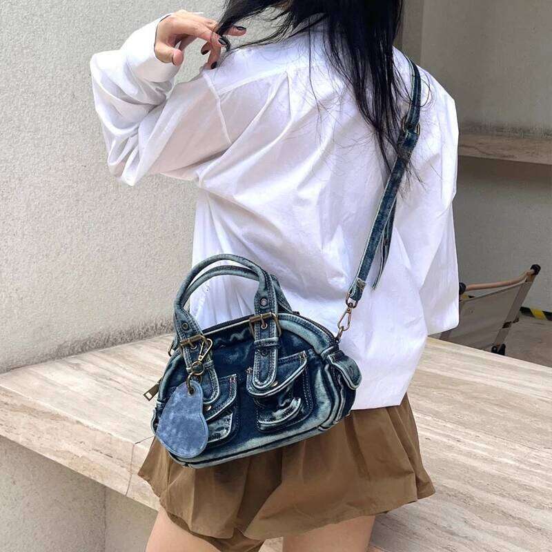 Korean Casual Denim Bowling Bags For Women Luxury Designer Handbag And Purses 2025 New In Vintage Washing Process Small Shoulder