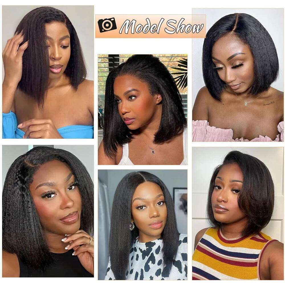 Glueless Kinky Straight Short Bob 100% Human Hair 13x4 Frontal HD Transparent Lace Peruvain Remy Soft Yaki Wear And Go Wig
