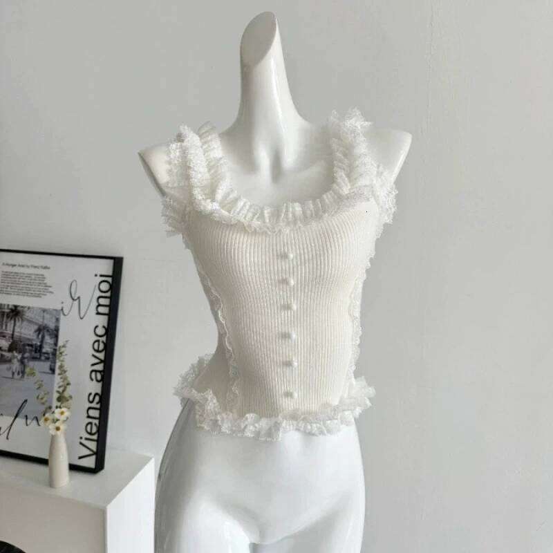 Pure desire, sweet spicy lace camisole vest, women's summer hot girl slim fit and slimming, knitted base, short sleevel