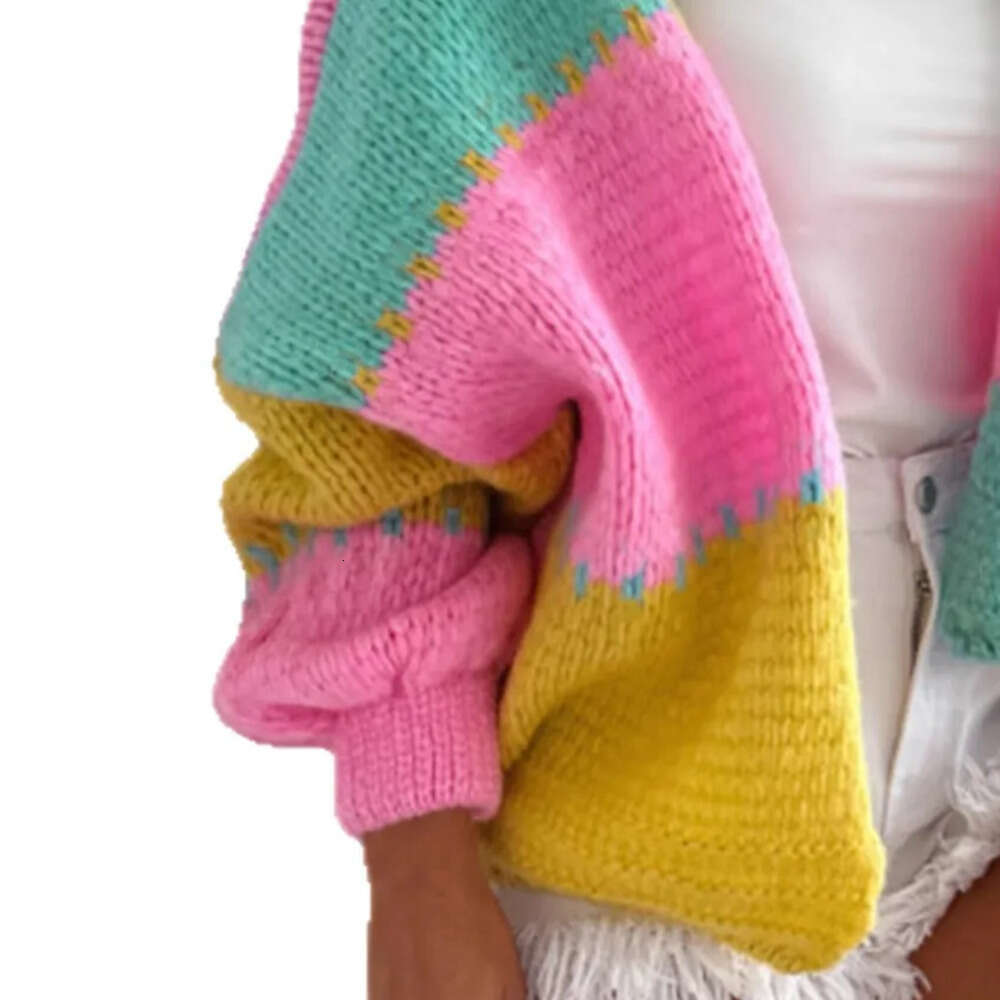 Fashionable Color Block Knitted Open 2026 Designer Fashion Cardigan Loose Casual V Neck Shoulder Drop Sleeve Women's Sweater Autumn Winter New Ar