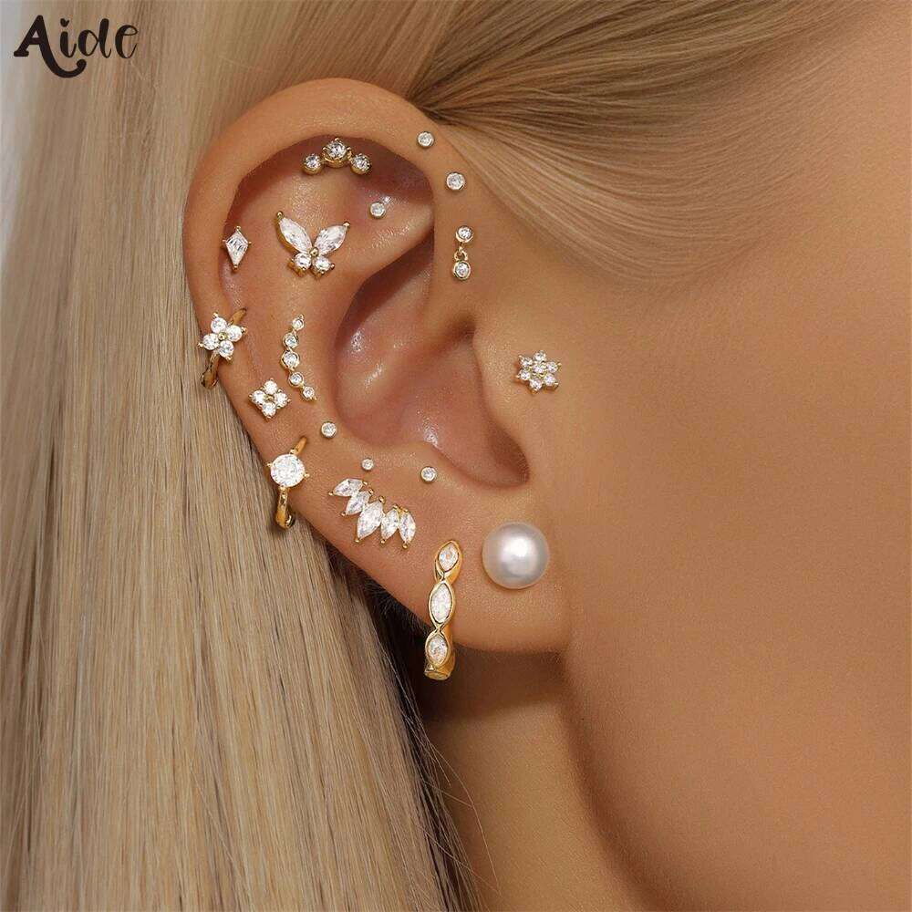 Aide Real 14K Solid Gold Unique Stud Dainty Mini Moon Crystal Earring Simple Minimal Piercing Ear Bone Studs Vintage Jewelry 1pc