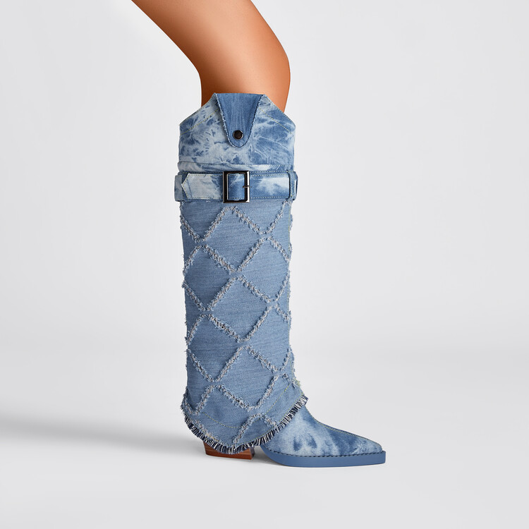 Chengdu Craftsmanship Washed Denim Knee High Boots 8.5cm Wedge Heel Pointed Toe Belt Buckle Boots