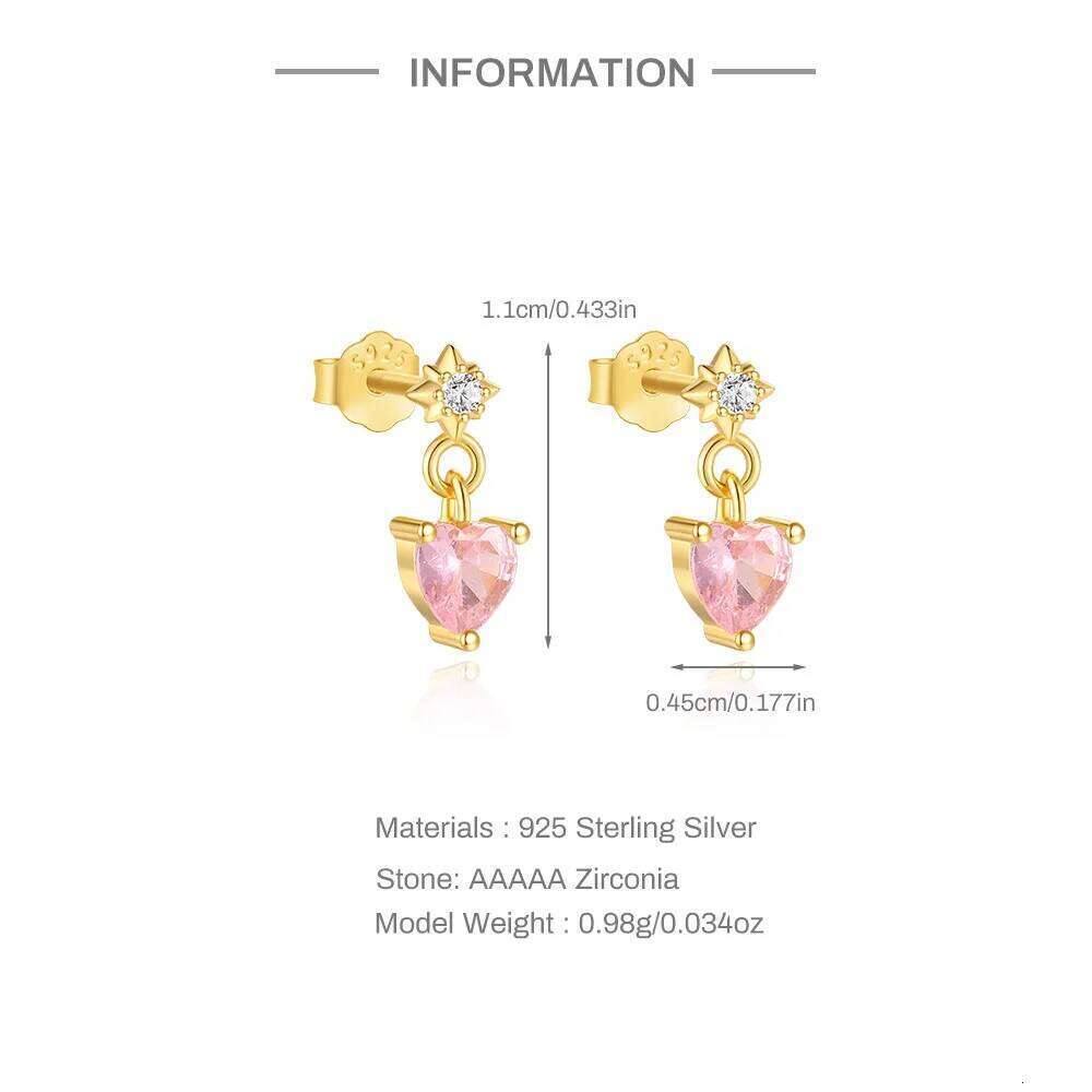 Aide 925 Sterling Silver Six-Pointed Star Zircon Pink Heart Pendant Earrings for Women Dangle Stud Valentine's Day Jewelry