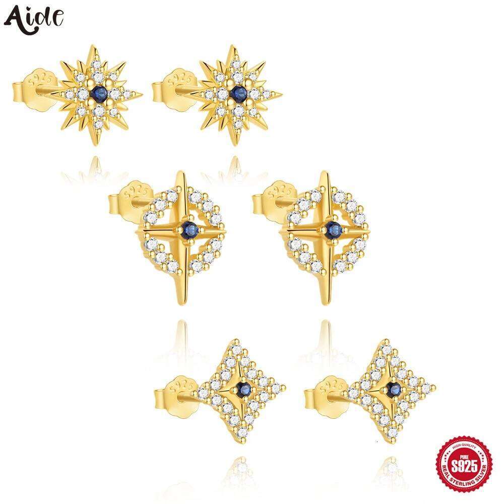 Aide 100% 925 Sterling Silver Blue Zircon Star Stud Earrings for Women Classic Luxury 18k Gold Jewelry Minimalist Accessories