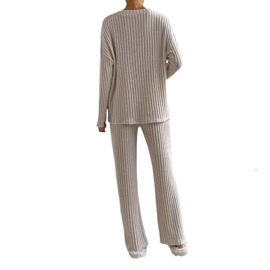 Cross-Border Two-Piece for Women 2026 Autumn New Fashion Casual Straight-Leg Pants Elegant Loose V-Neck Ribbed Knit Set