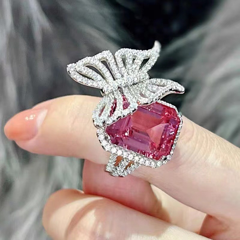 Luxury Brand Designer Jewelry New Colorful Pink Diamond Butterfly Ring For Women, Ins Trend, Minimalist Style, Open Full Diamond Ring, Elegant Versati