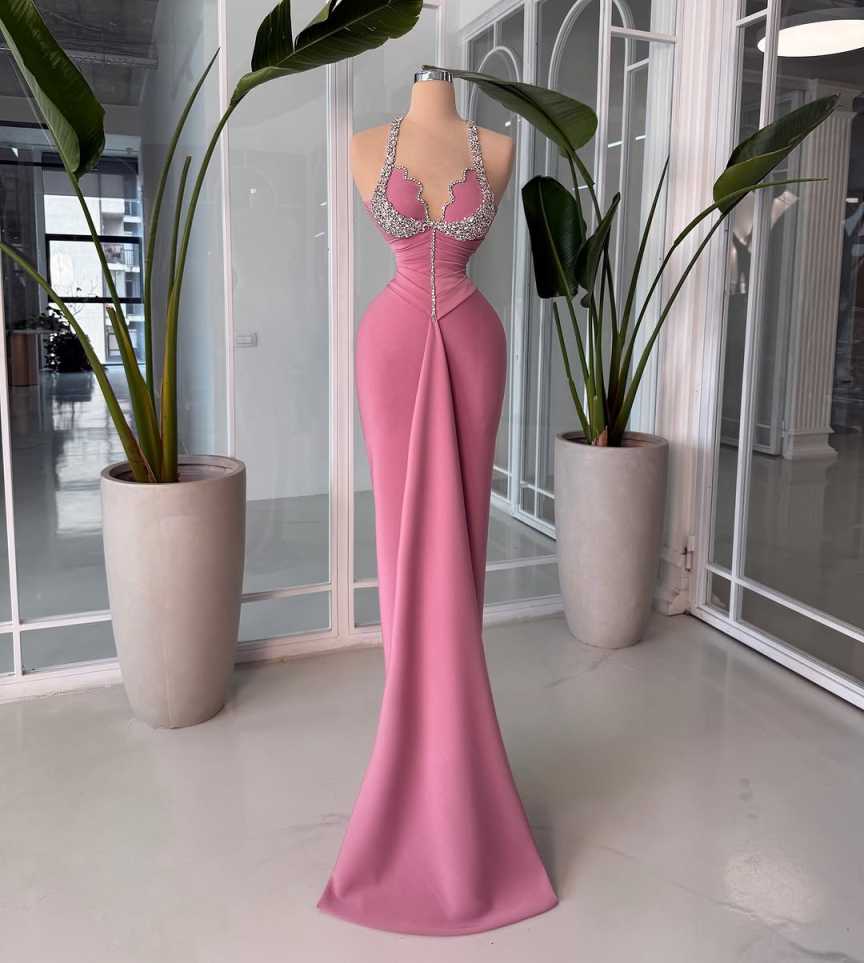 Vintage Halter Beaded Evening Dresses Glitter Sleeveless Mermaid Prom Dress Customized Floor Length Party Gown
