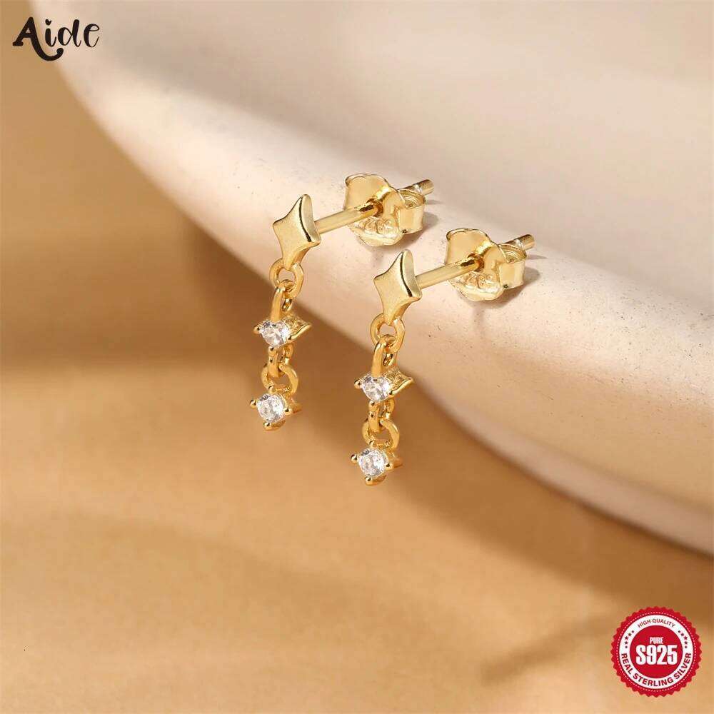 Aide S925 Sterling Silver Classic Smooth Four-Pointed Star Tassel Stud - Dangle Chain Zircon Earrings for Women Jewelry