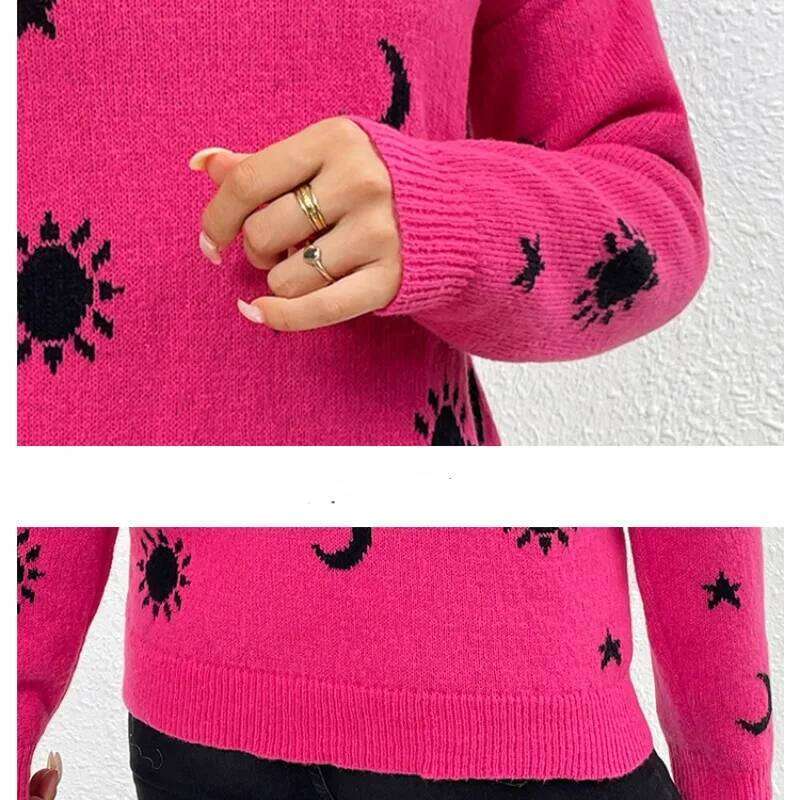 Spring And Autumn Women's Pullover Round Neck Flocking Geometric Screw Thread Contrast Color Long Sleeve Sweater Casual Tops