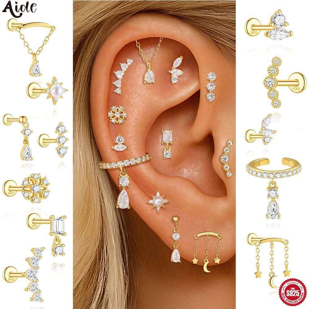 Aide 925 Sterling Silver Golden Zircon Cartilage Stud Earring Multiple Styles Helix Tragus Conch Piercing DIY Jewelry for Women