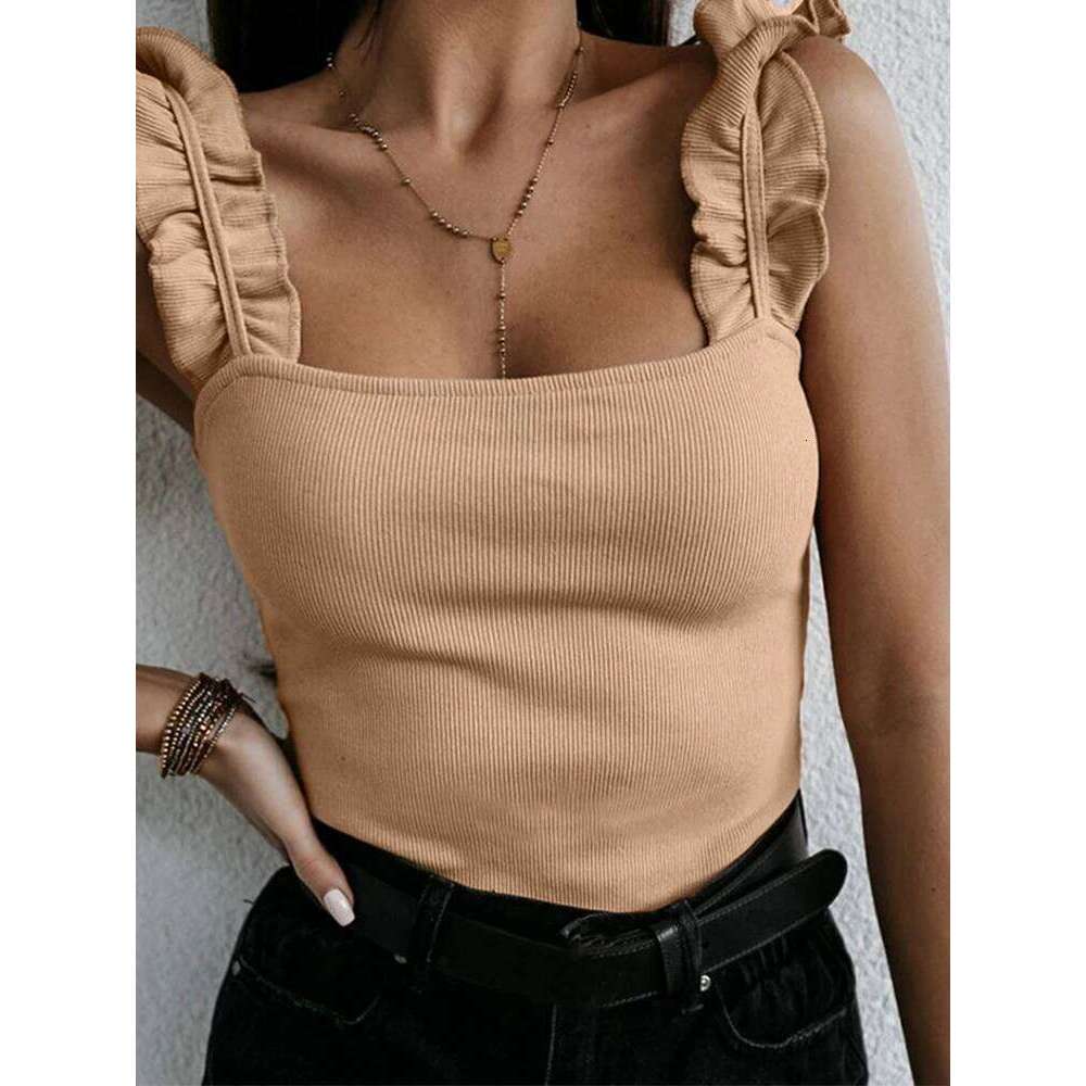 Tank Square Collar Solid Knit Casual Basic Summer Ribbed Slim Ruffles Tops Women