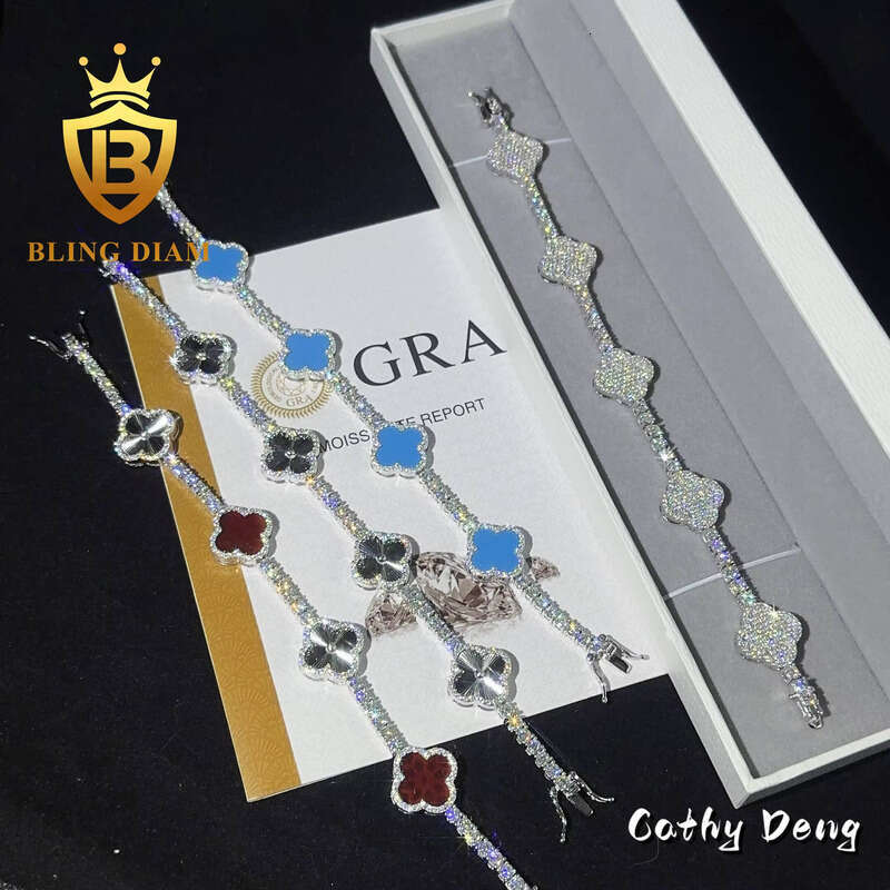 2024 New Fashion Clover Tennis Chain 925 Sterling Silver 3mm VVS Moissanite Bracelet Pass Diamond test