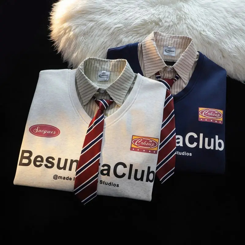 American College Style POLO Tie Two-piece Sweatshirt Mens Spring Autumn Thin Loose Korean Lazy Style Long-sleeved Jacket 251230