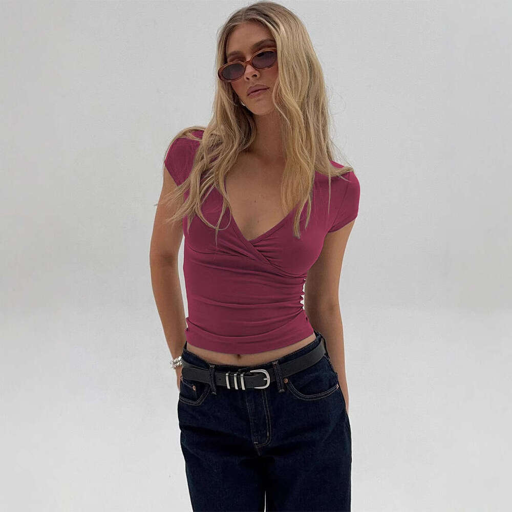 2026 Cross-Border European and American Style New Deep V-Neck Solid Color Waist-Cinching Slim Fit Elegant Fashion T-Shirt Spring Summer Top