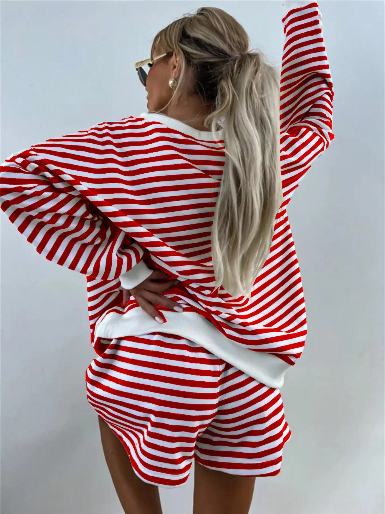 Womens Casual Striped Set Longsleeved Vneck Loose Top and Sports Shorts 2piece 251231