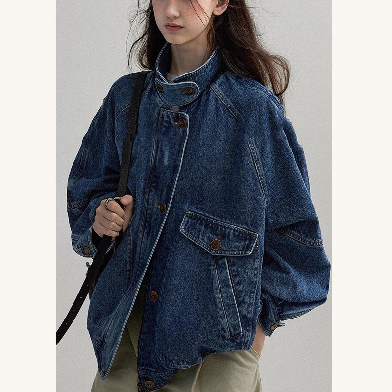 American Vintage Loose Denim Jacket Women Stand Collar Blue Workwear Streetwear Spring Autumn Cargo Jeans Coat Outerwear 251231