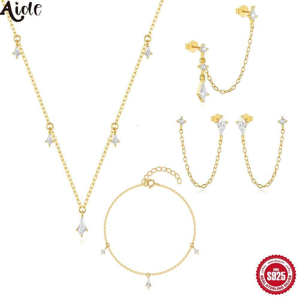 Aide Fashion 925 Sterling Silver Clavicle Necklaces Shiny Kite Zirconia Pendant Chains Dangles Earrings Bracelet Jewelry Set