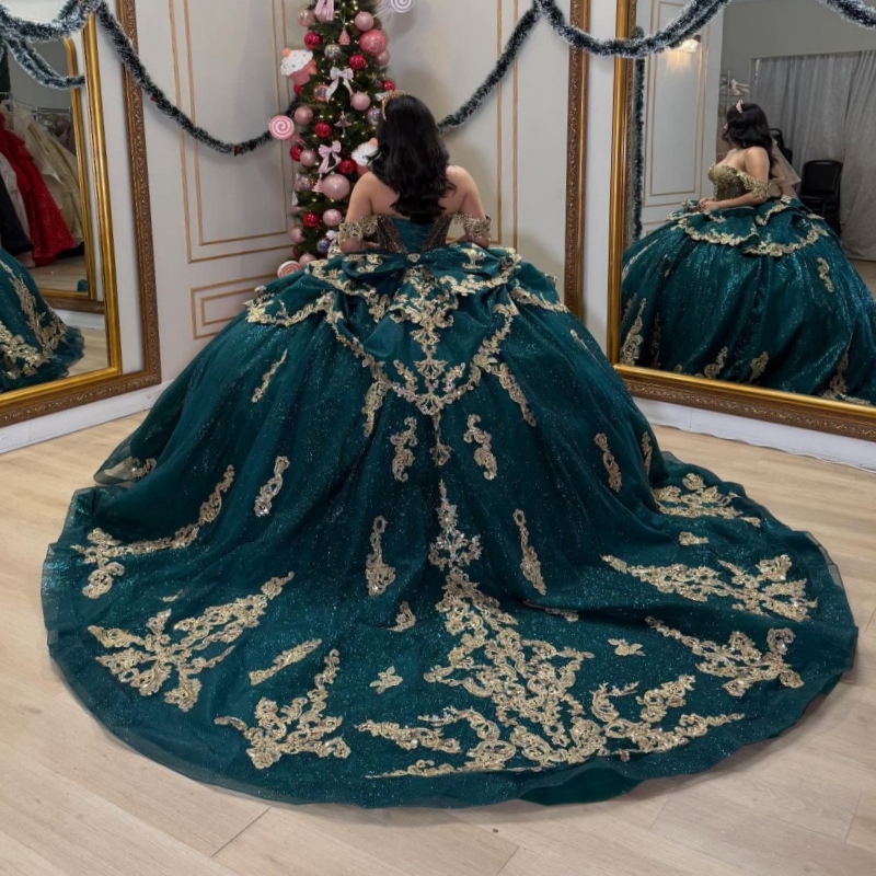 Dark Green Shiny Quinceanera Dresses Off Shoulder Ball Gown Sweet 16 Dress Gold Applique Lace Beading Crystal Bow Birthday Party Vestidos 15 De Anos