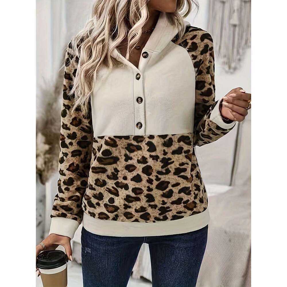 2026 New European and American Cross-Border Leopard Print Patchwork Hooded Long Sleeve Sweatshirt Versatile Slim Fit Top