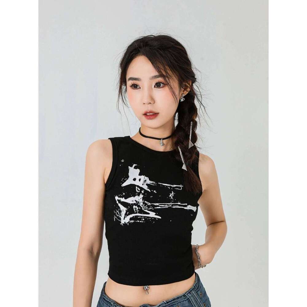 Guitar Print Sleeveless Tank Y2K Casual Ribbed Women Grunge Crop Top Harajuku Fashion Vest Tee 90s Street Outfits