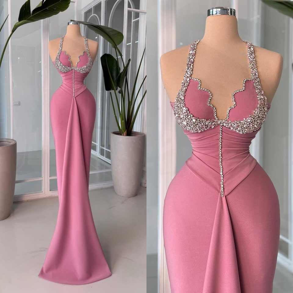 Vintage Halter Beaded Evening Dresses Glitter Sleeveless Mermaid Prom Dress Customized Floor Length Party Gown