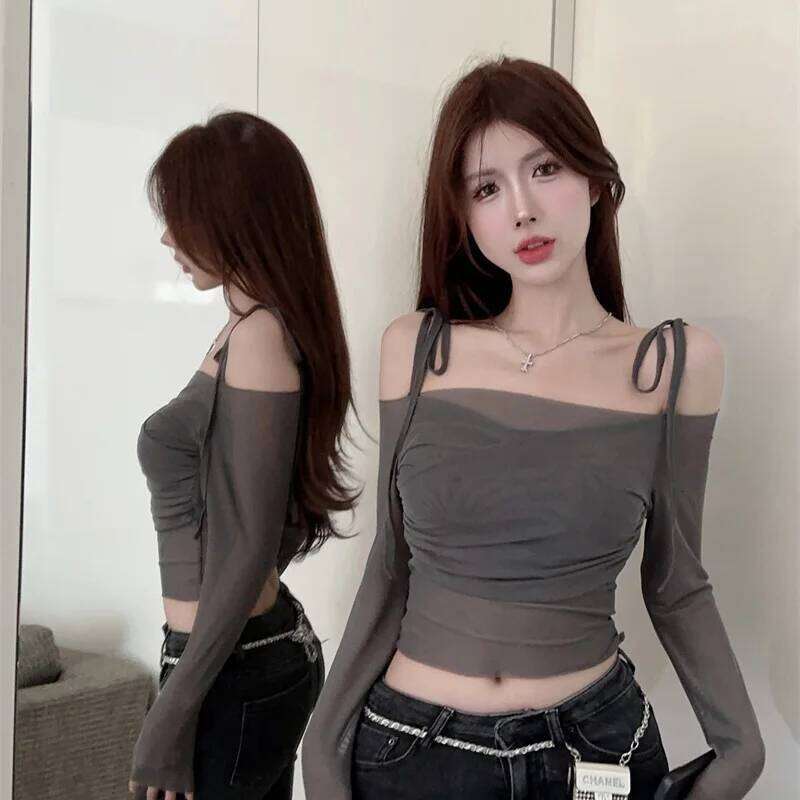 Mesh long sleeved sun protection lace up T-shirt for women in summer, thin one shoulder short design, exposed navel top