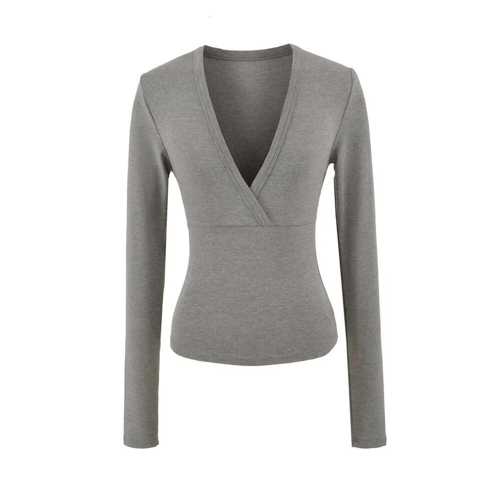American Style Spicy Girl Subtle Deep V-Neck Waist-Cinching Long Sleeve T-Shirt for Women Autumn Stretchy Slim Fit Base Layer Slimming Inner Top
