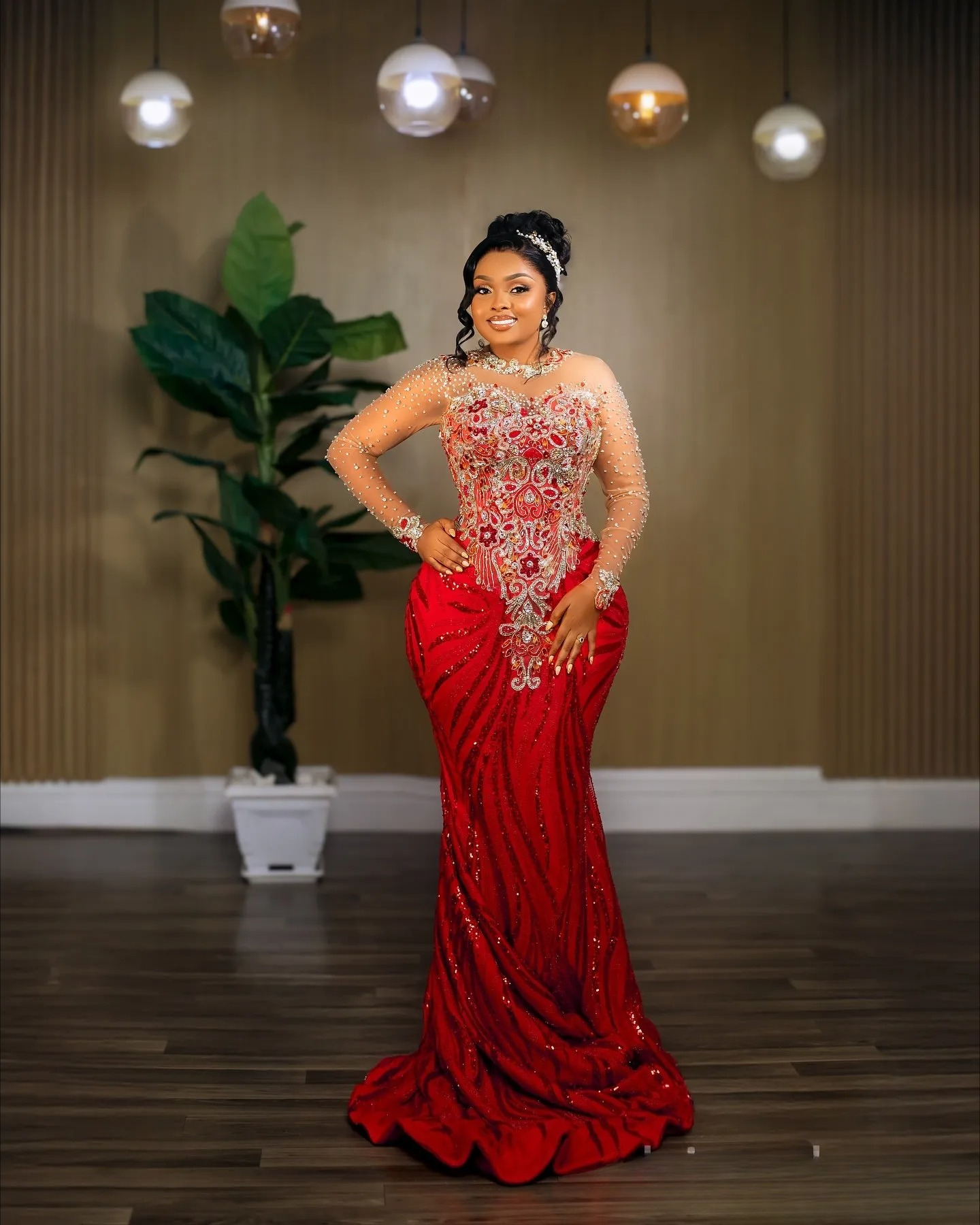 Red Mermaid Prom Dresses 2026 Beaded Lace Full Sleeves Sparkly Evening Formal Party Second Birthday Engagement Gowns Plus Size Dress For Special Occas