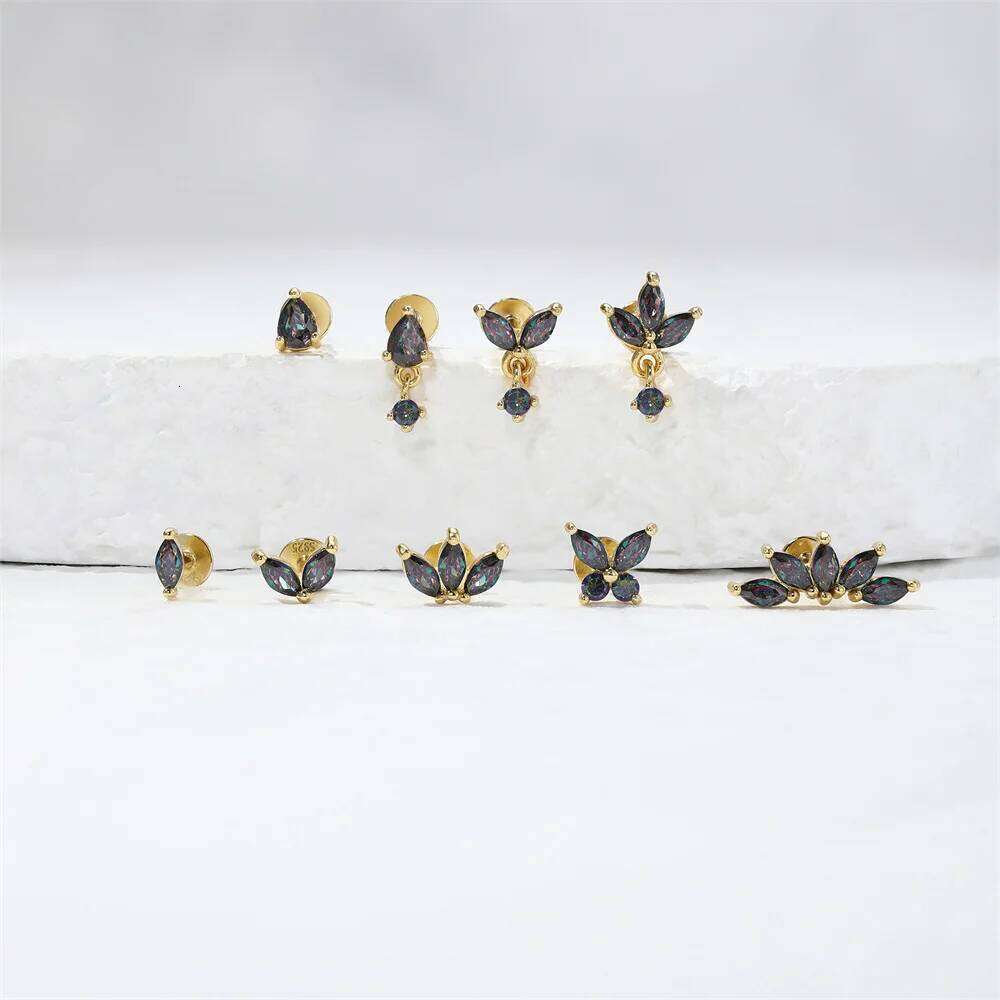 Aide Genuine Gleaming Rainbow Quartz Stone 925 Sterling Silver Stud Earrings Women Fashion Statement Gemstone Piercing Jewelry