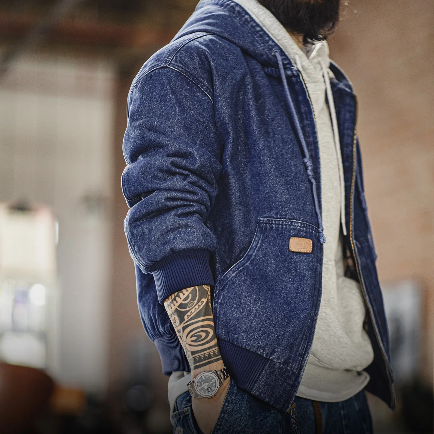 Maden Retro Mens J130 105oz Denim Jacket Heavyweight Washed Aged Hooded Zipper Work Coat with Large Pockets for Fall 251231