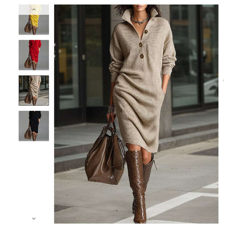 2026 Independent Station European and American New Autumn Casual Button Turn-Down Collar Loose Straight Knitted Mid-Length Sweater Dress