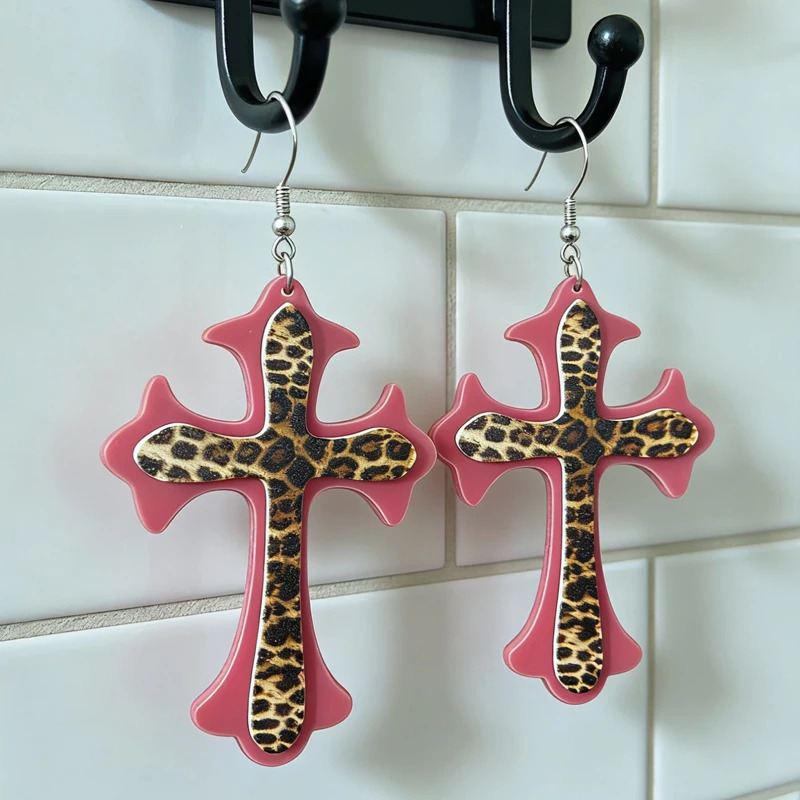 Y2K Jewelry Pink Zebra Print Cross Drop Earrings for Women Punk 90s Aesthetic Goth Leopard Print Fashion Earrings Goth Cool 251230