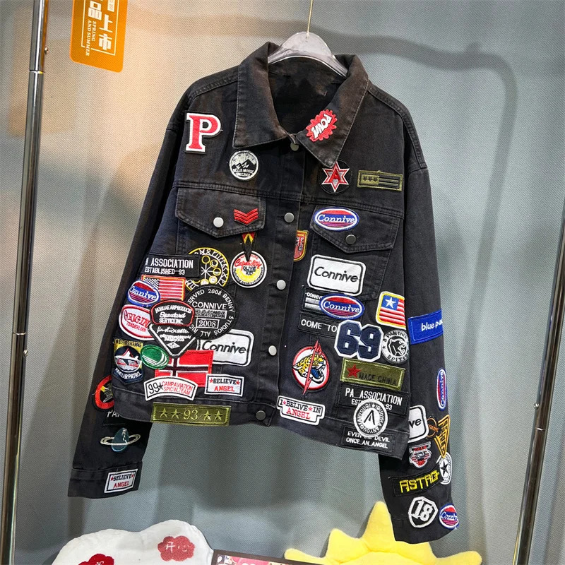 Spring and Autumn Mens ed Denim Jacket Trendy Handsome Slim Fit Badge Jeans Coat 251231