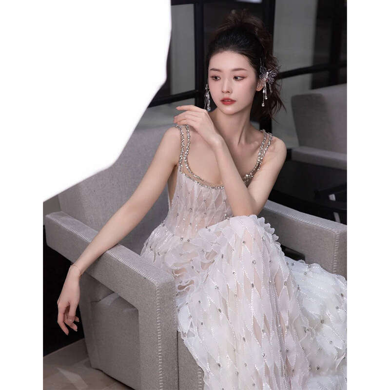 Light Wedding Heavy Craft Spaghetti Strap High End French Super Fairy Morning Gown Going Out Gauze Sequin Celebrity Same Style Banquet Dress Women S L
