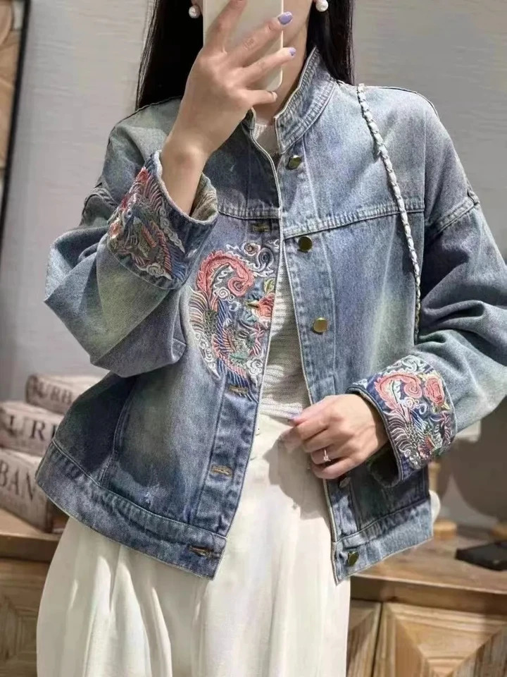 Spring Autumn Denim Coat blue Chinese Retro National Style Embroidery Jacket Women Fashion Loose 251229