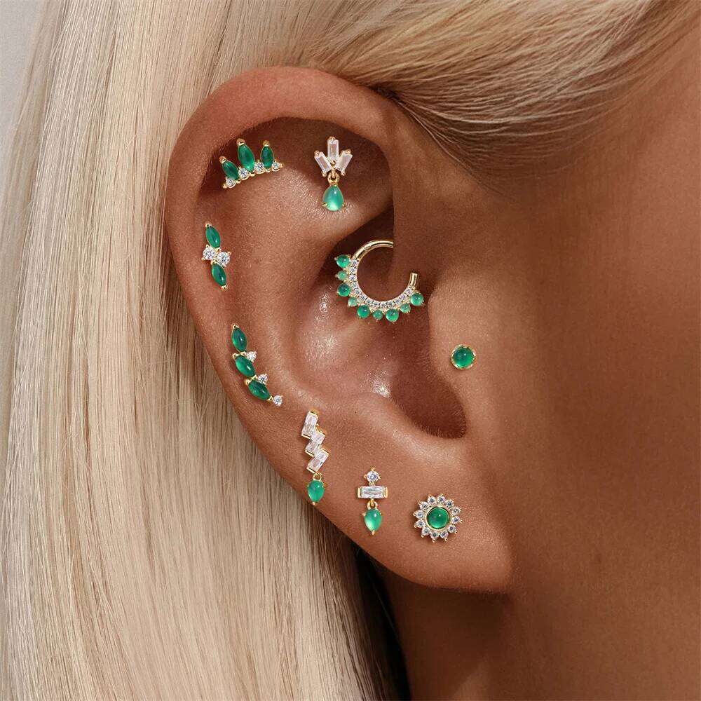 Aide 1Piece 925 Sterling Silver Green Chalcedony Piercing Earrings For Women Mix And Match Zircon Ear Stud Jewelry Pendientes
